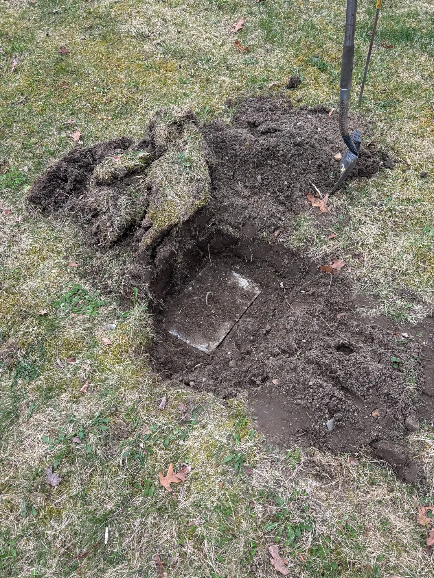 Sod cut back and dug down to a buried lid in a yard